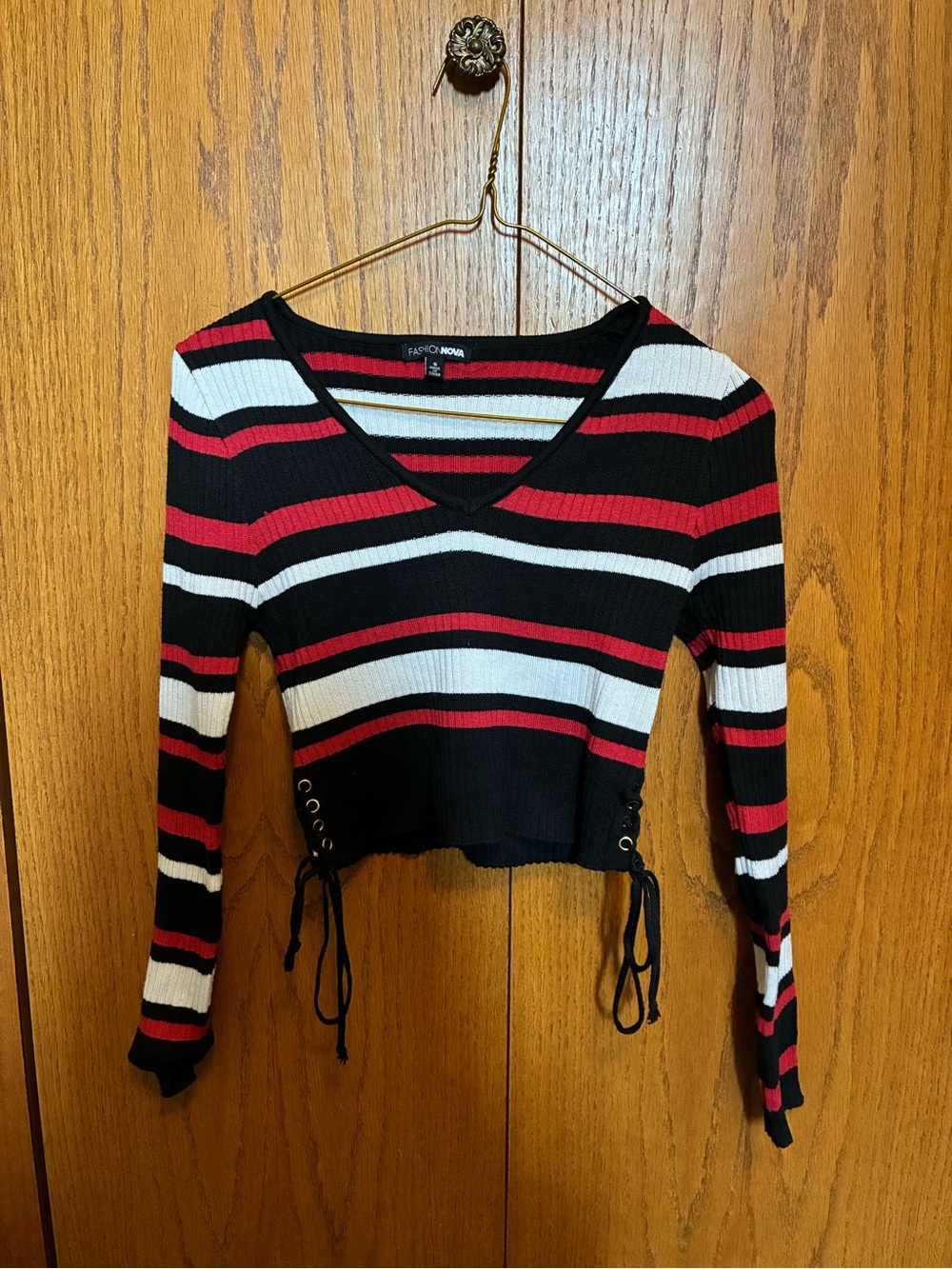 Fashion Nova Black Red White Striped V-Neck Lace-Up Crop Top